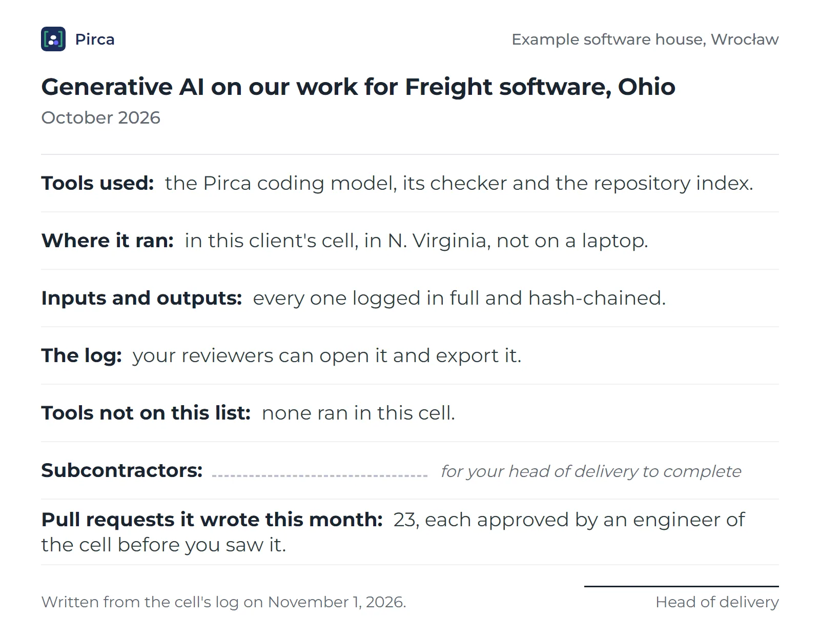 Disclosure for Freight software, Ohio, October 2026: our coding model, its checker and the repository index, in N. Virginia, every input and output logged